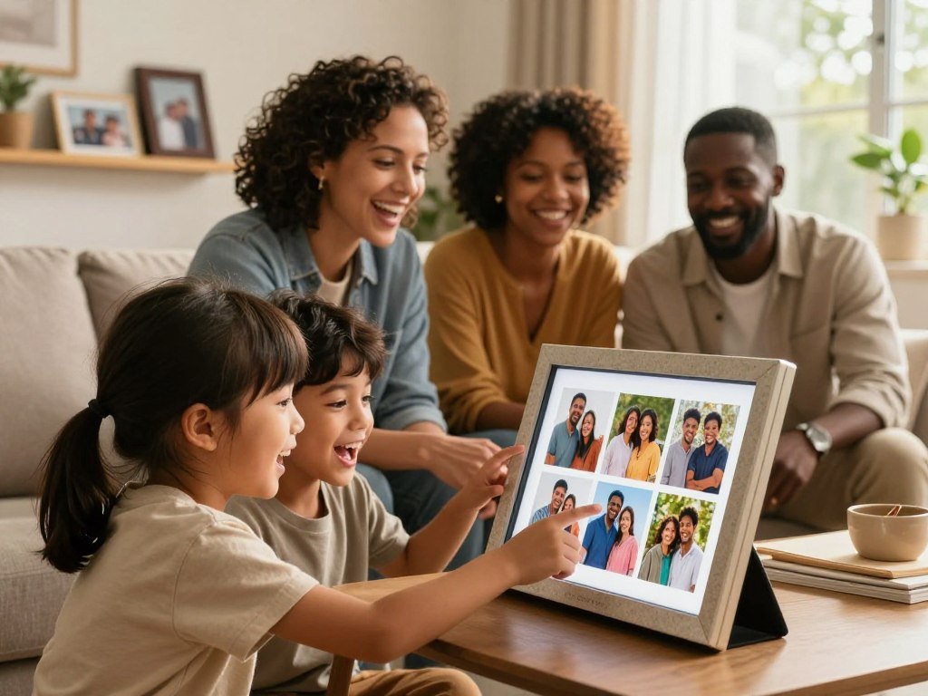 Family sharing photos with the Carver Stone digital picture frame Family sharing photos with the Carver Stone digital picture frame
