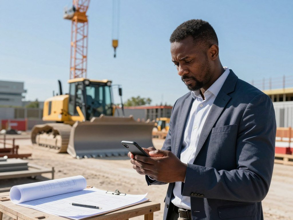 Field crew member checking a mobile app schedule between job sites Field crew member checking a mobile app schedule between job sites