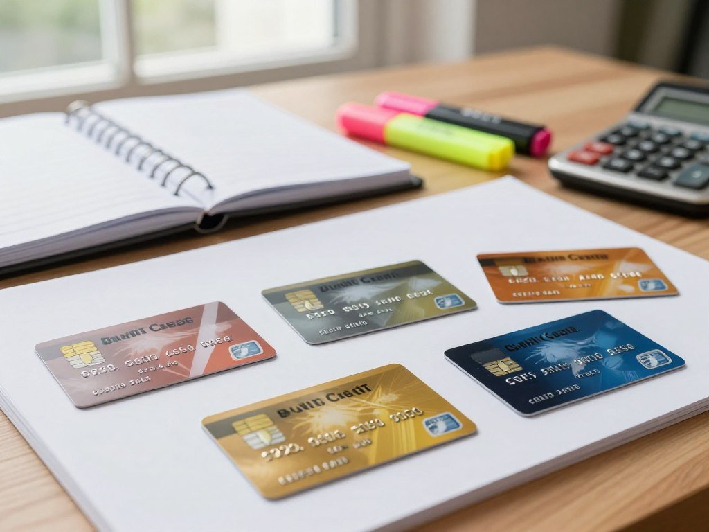 Five secured cards compared by purpose on a planning sheet