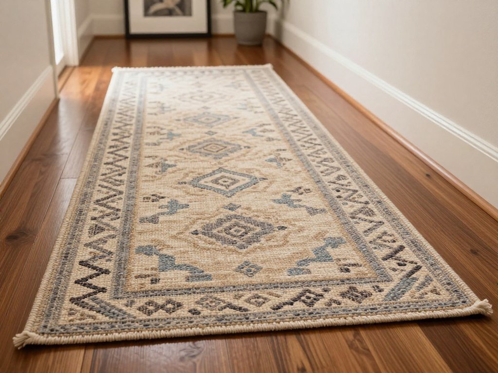 Flatweave runner lies close to a hardwood hallway floor Flatweave runner lies close to a hardwood hallway floor