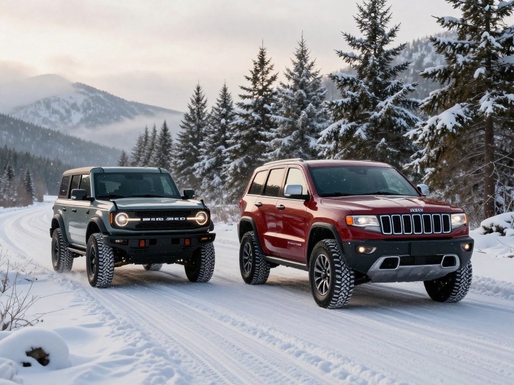 Ford Bronco and Jeep Grand Cherokee on a snowy rough road