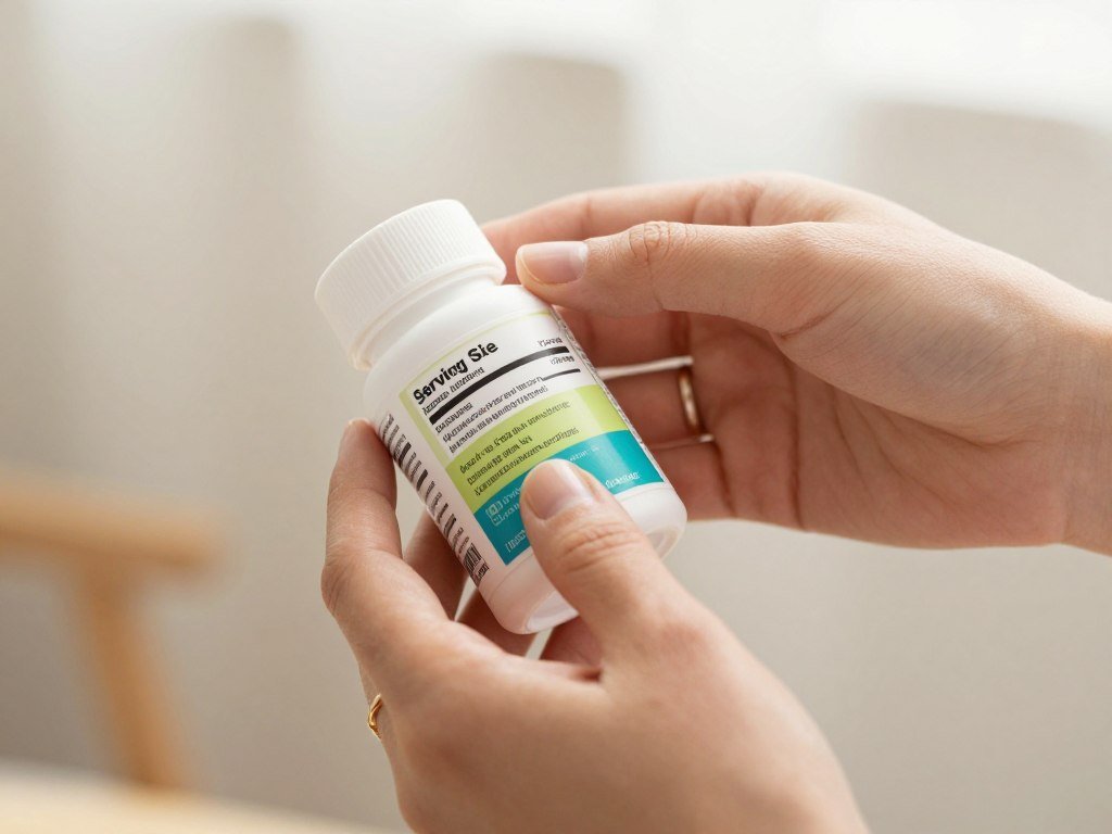 Hands checking serving size and nutrient details on a prenatal label Hands checking serving size and nutrient details on a prenatal label