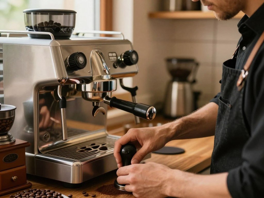 Hands tamping coffee for a semi-automatic espresso machine Hands tamping coffee for a semi-automatic espresso machine