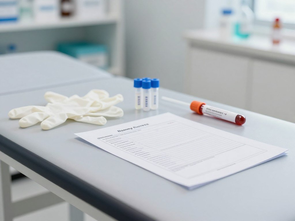 Home urine test beside a blood sample form at a clinic Home urine test beside a blood sample form at a clinic