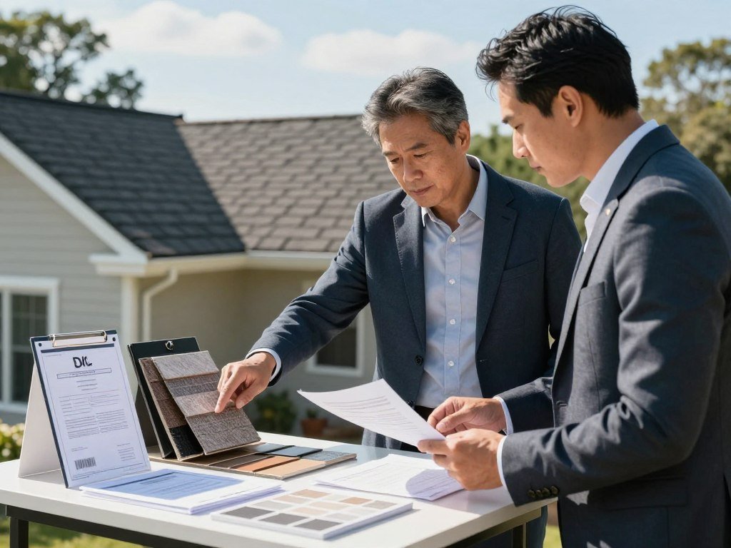 Homeowner checking roofing contractor credentials and roof material experience Homeowner checking roofing contractor credentials and roof material experience