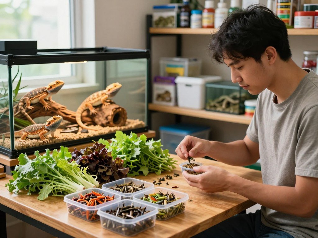Keeper prepares live insects and greens for reptile feeding