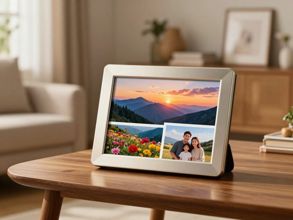 Landscape and portrait photos beside a digital picture frame Landscape and portrait photos beside a digital picture frame