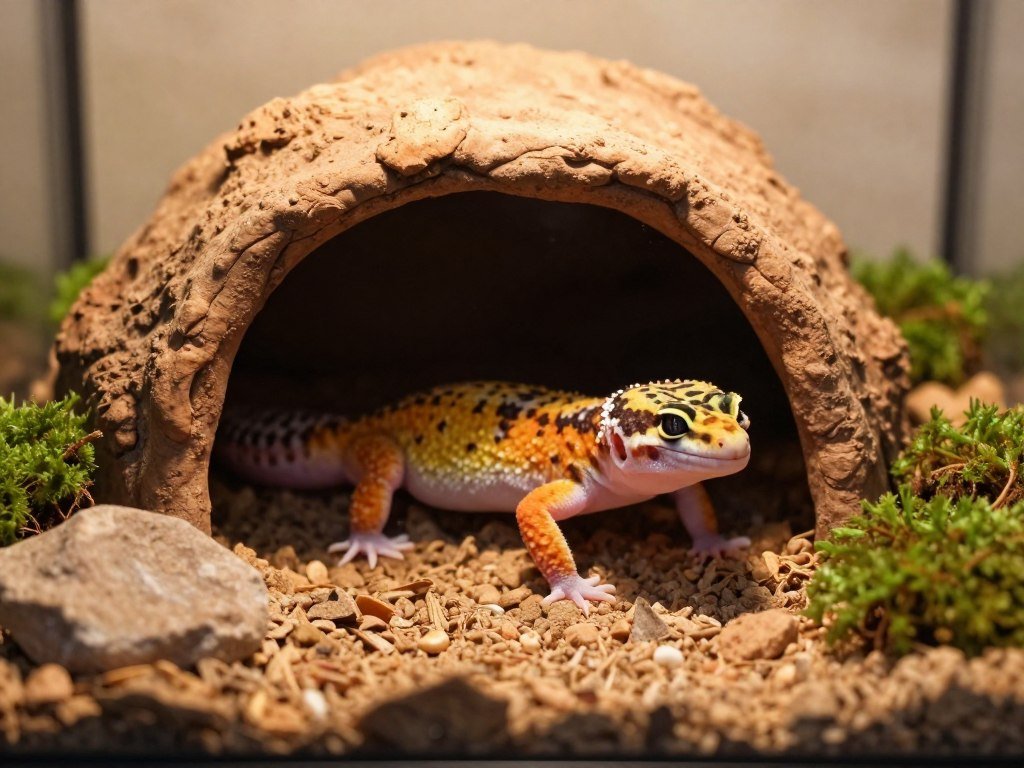 Leopard gecko rests in a warm hide inside its enclosure