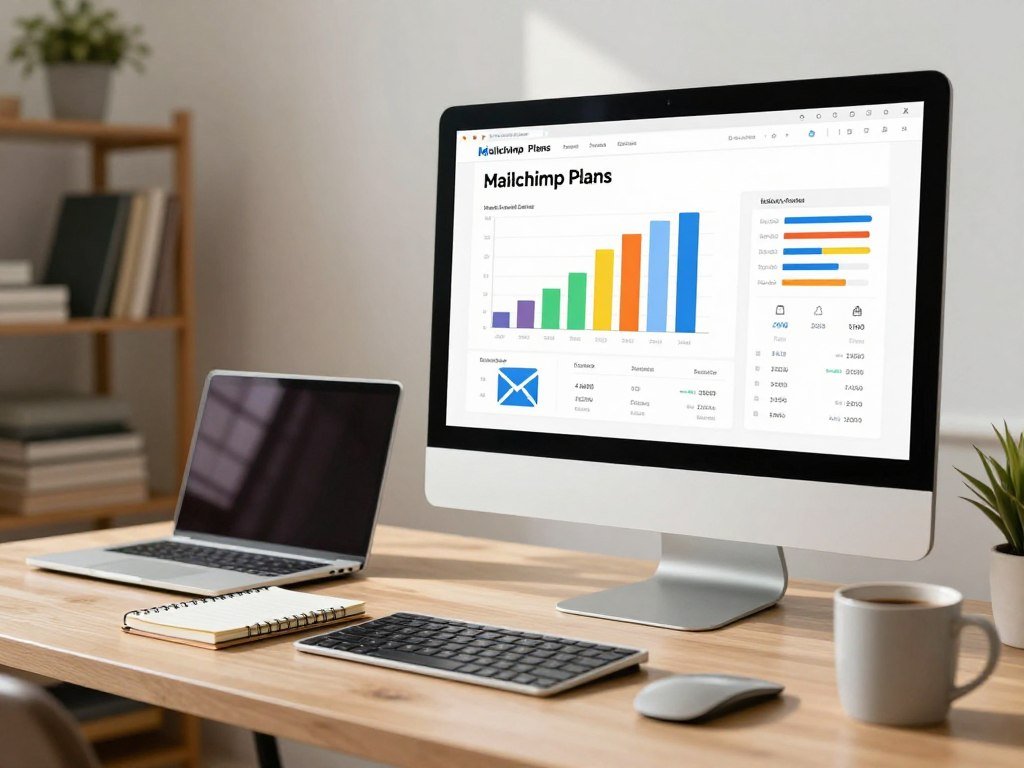 Mailchimp plans and monthly email sends compared on screen Mailchimp plans and monthly email sends compared on screen