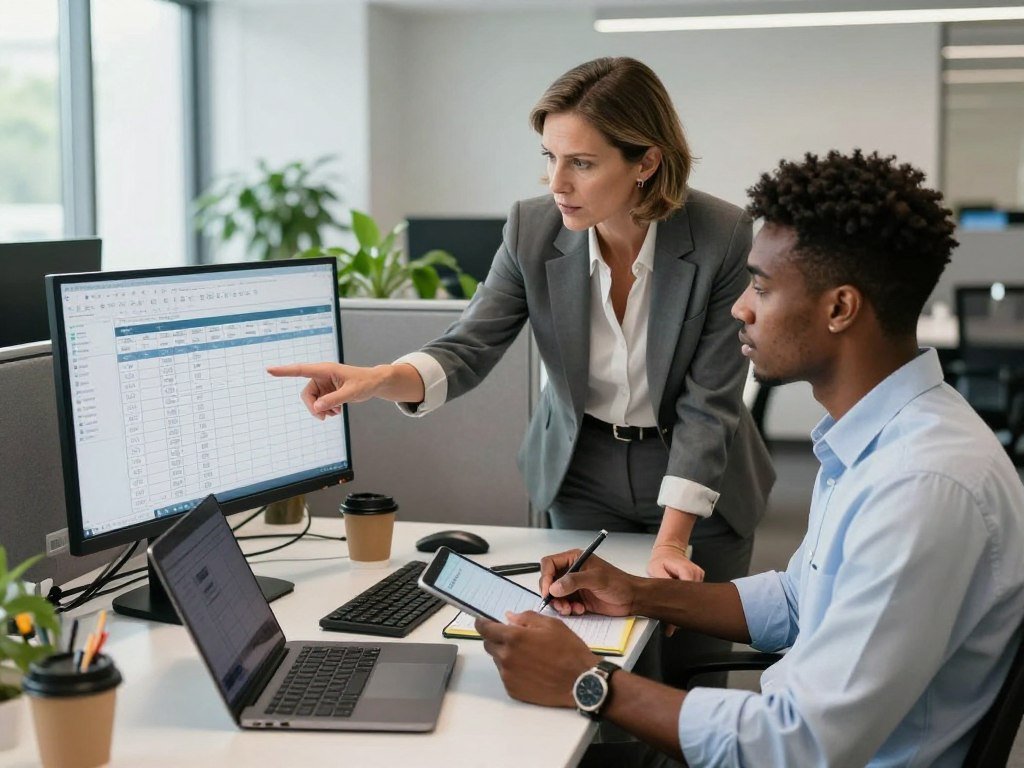 Manager and employee checking availability during scheduling software setup Manager and employee checking availability during scheduling software setup