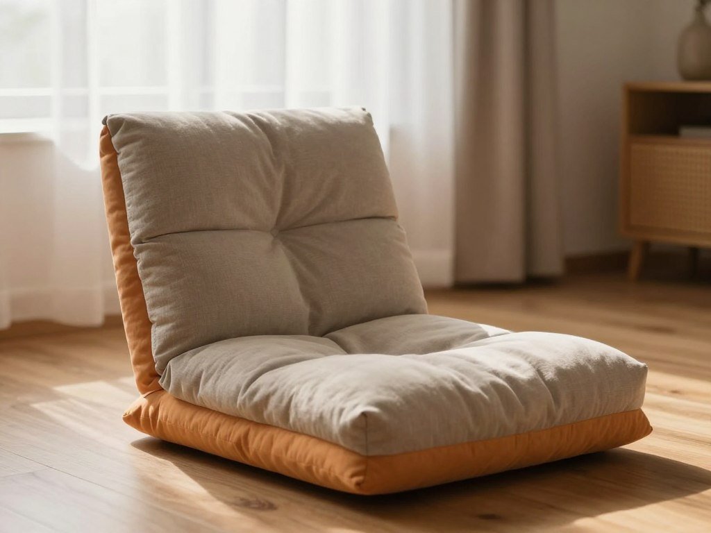 Meditation seat with back support beside a floor cushion Meditation seat with back support beside a floor cushion