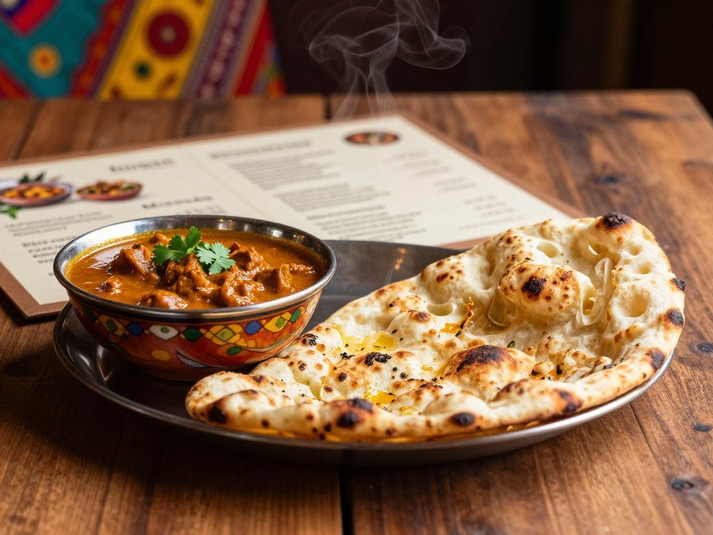 Menu showing stuffed naan beside a separate keema curry