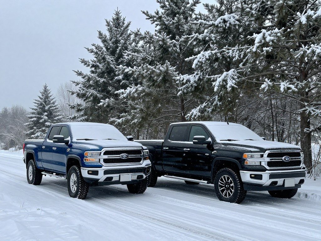 Midsize and full-size trucks parked beside a snowy road