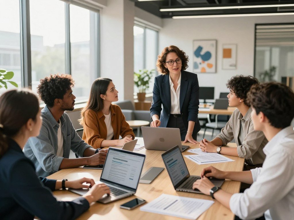 New hires reviewing employee onboarding tasks with an HR manager