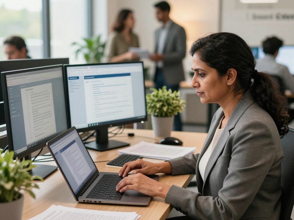Operations worker reviewing an agent task across business apps