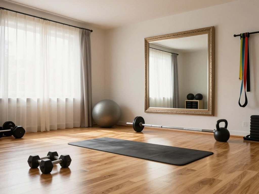 Optional home strength training equipment beside a clear floor space Optional home strength training equipment beside a clear floor space