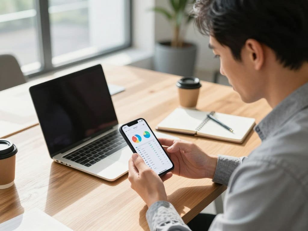 Owner checking bookkeeping records on a mobile accounting app