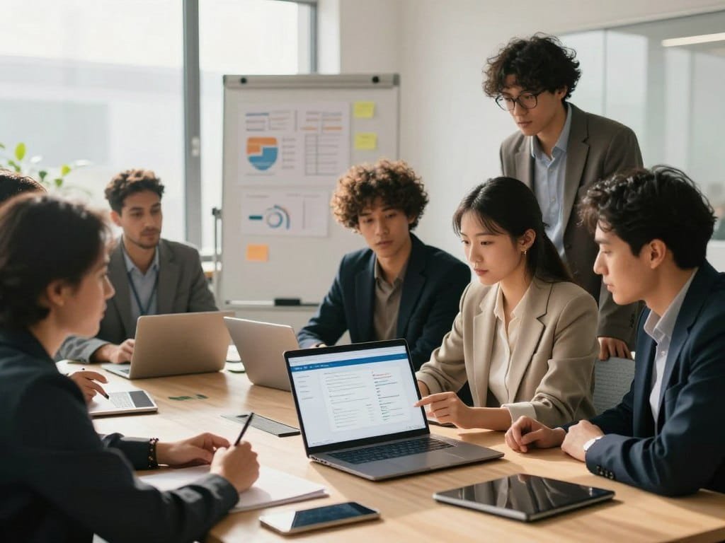 Owner comparing business management software options with staff