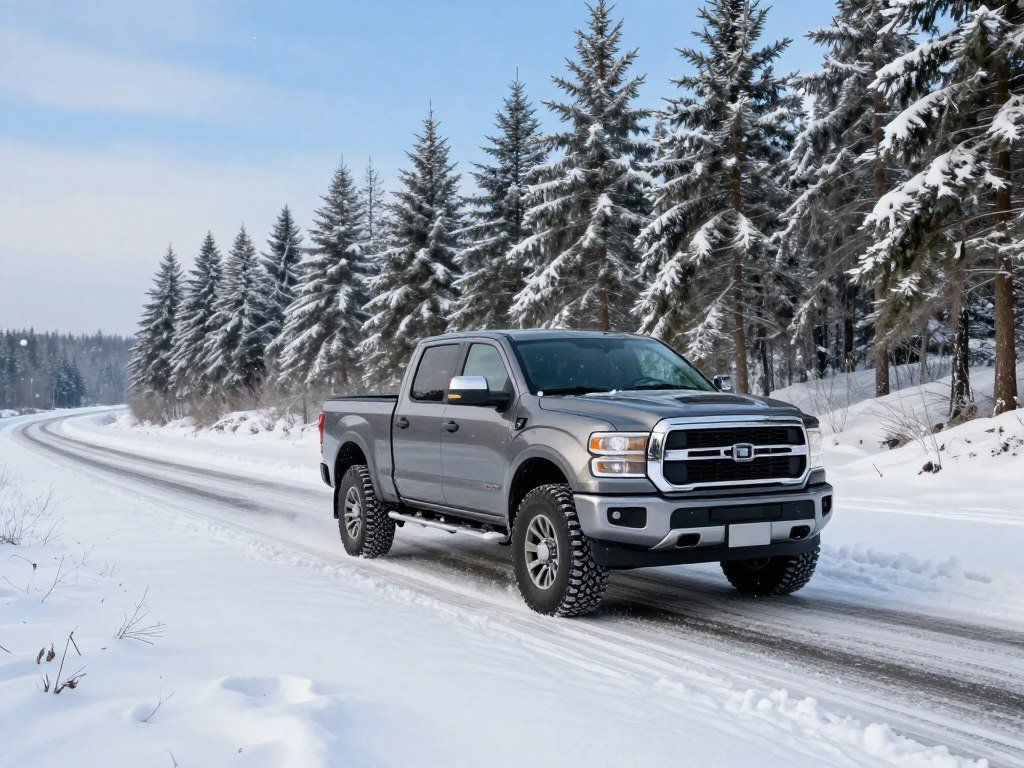 Pickup choosing between a plowed road and snowy terrain