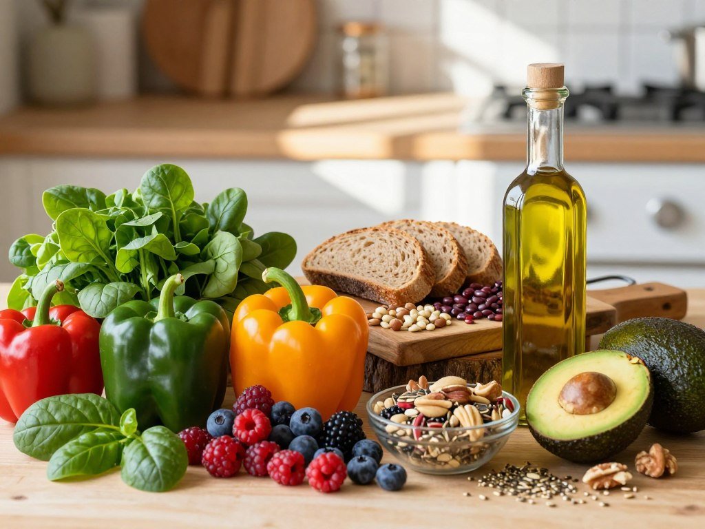 Plant-based foods and olive oil arranged for a balanced diet Plant-based foods and olive oil arranged for a balanced diet