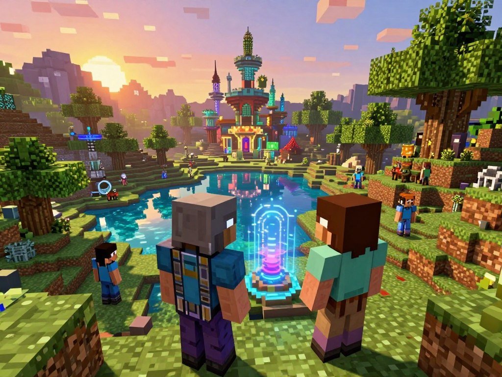 Players exploring a modded Minecraft world on a server Players exploring a modded Minecraft world on a server