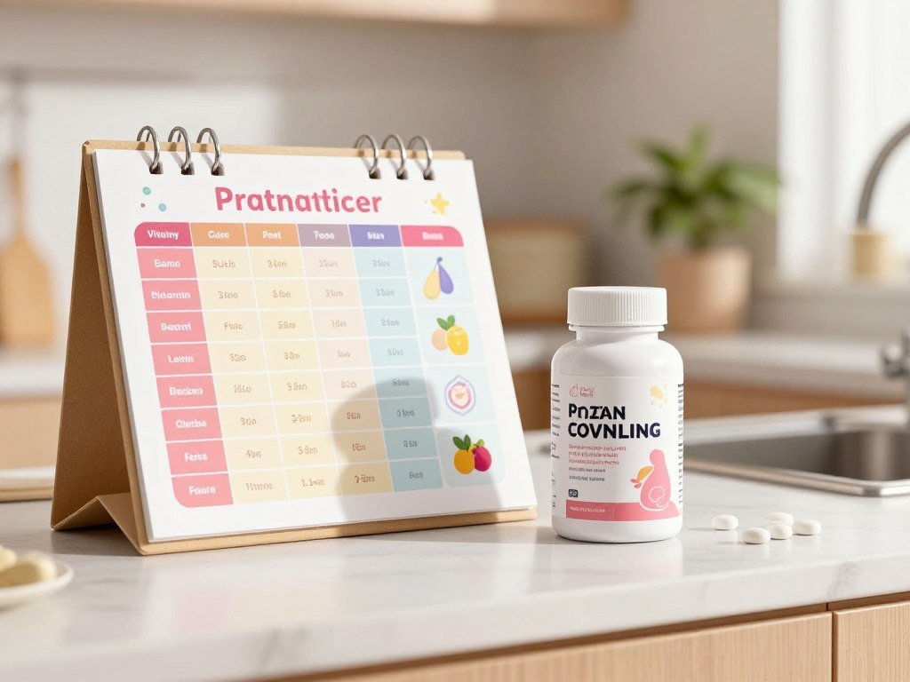 Pregnancy nutrient chart beside prenatal vitamin bottle Pregnancy nutrient chart beside prenatal vitamin bottle