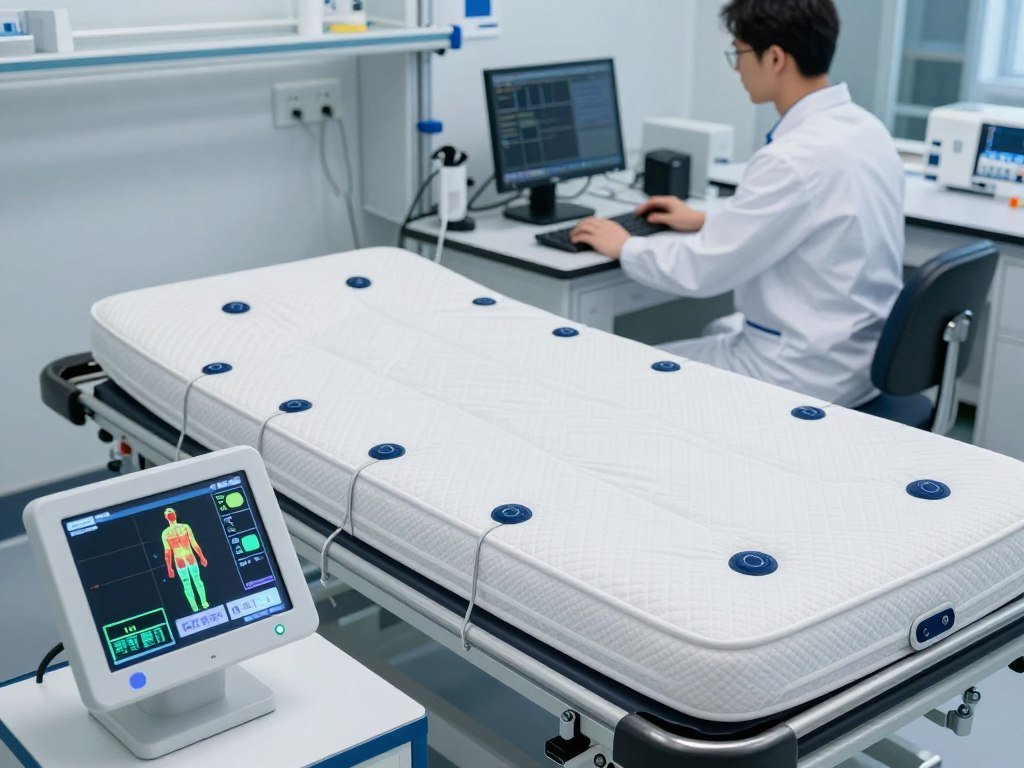 Pressure sensors measure a mattress during back pain testing Pressure sensors measure a mattress during back pain testing