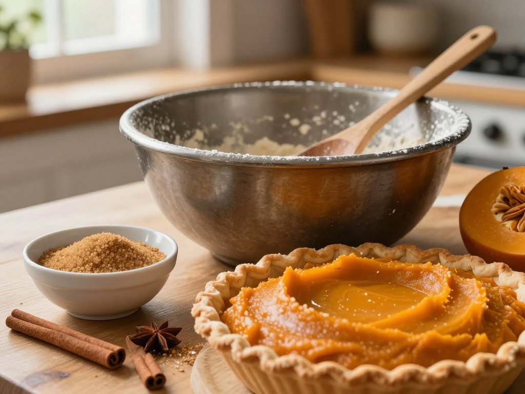 Pumpkin pie filling ingredients beside a mixing bowl