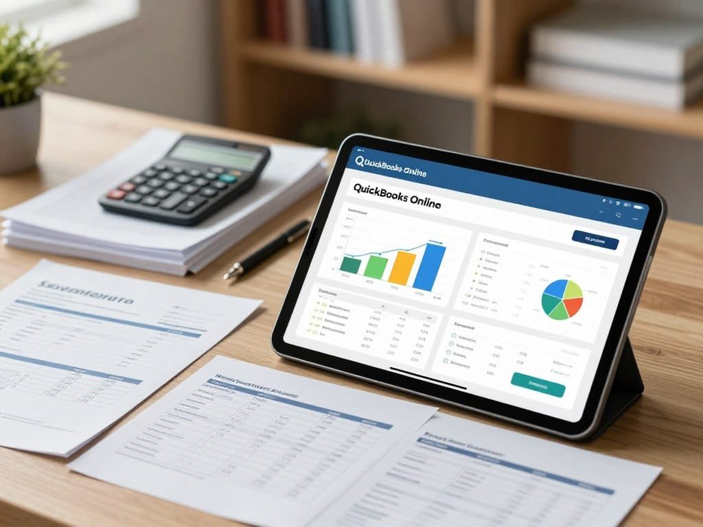 QuickBooks Online plan comparison beside business accounting records