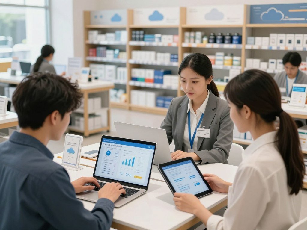 Retail staff using cloud storage and applications for daily work Retail staff using cloud storage and applications for daily work