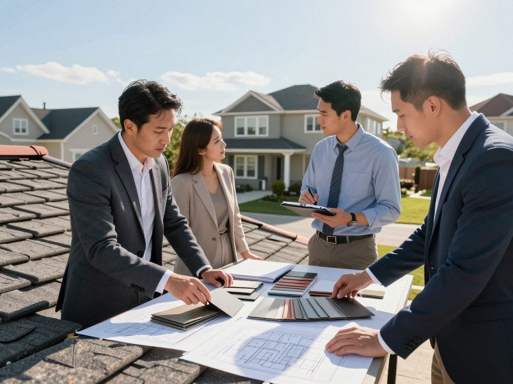 Roofers comparing roofing services for different home projects Roofers comparing roofing services for different home projects