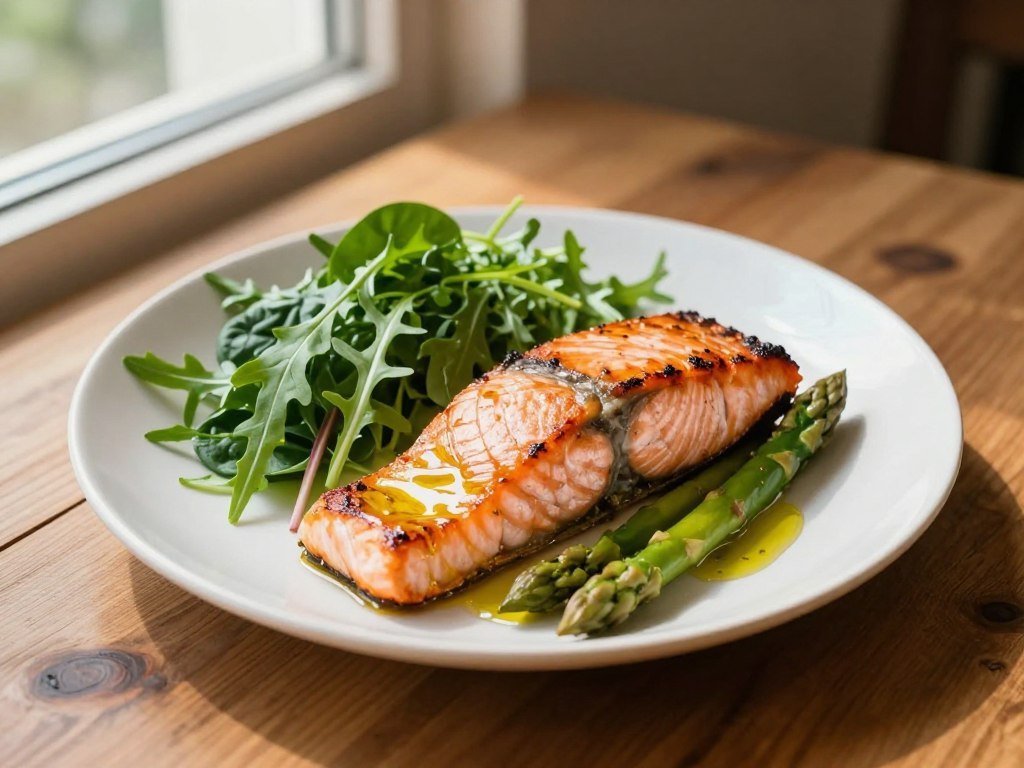 Salmon served with greens as a fatty fish meal Salmon served with greens as a fatty fish meal