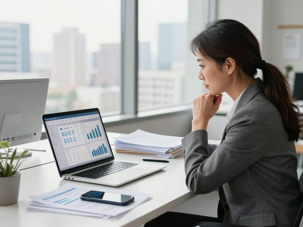 Small business owner comparing accounting and sales software