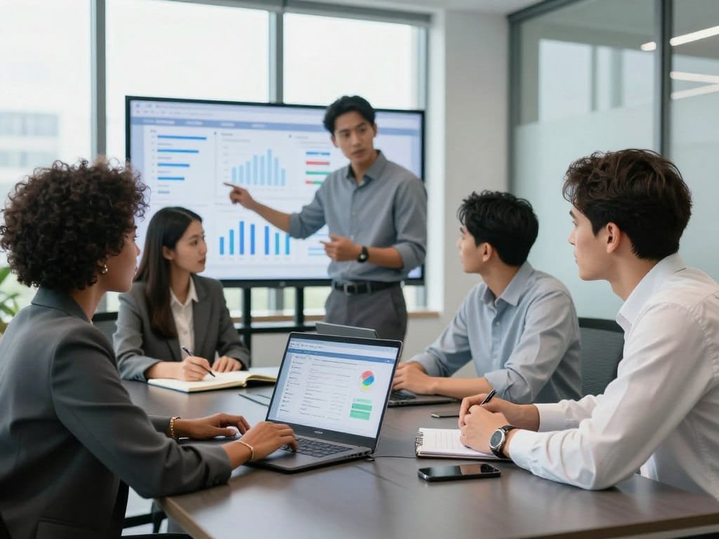 Small business team comparing HR software requirements