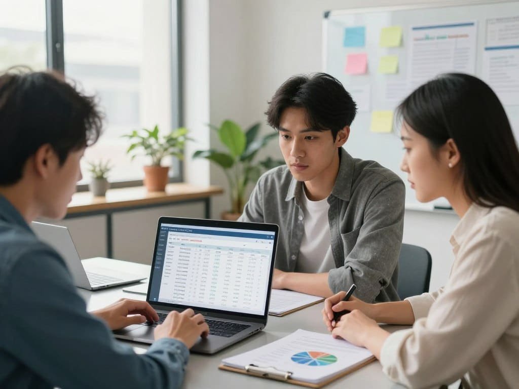 Small business team reviewing billing software and customer records