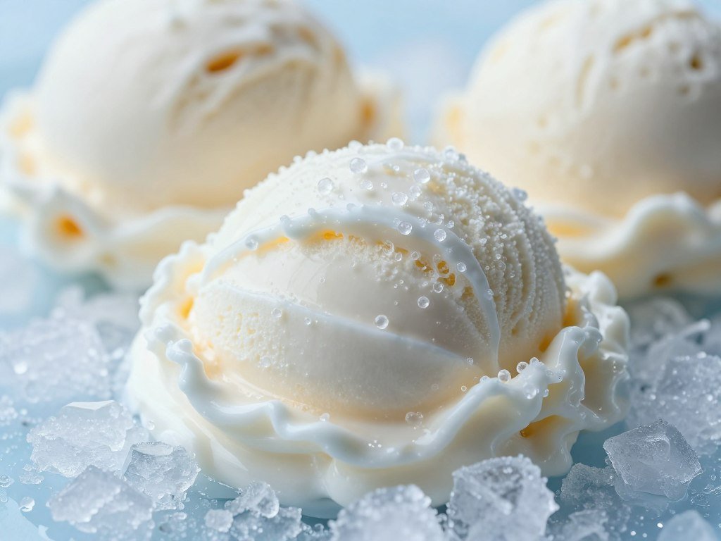 Small ice crystals surrounded by serum phase in churned ice cream Small ice crystals surrounded by serum phase in churned ice cream
