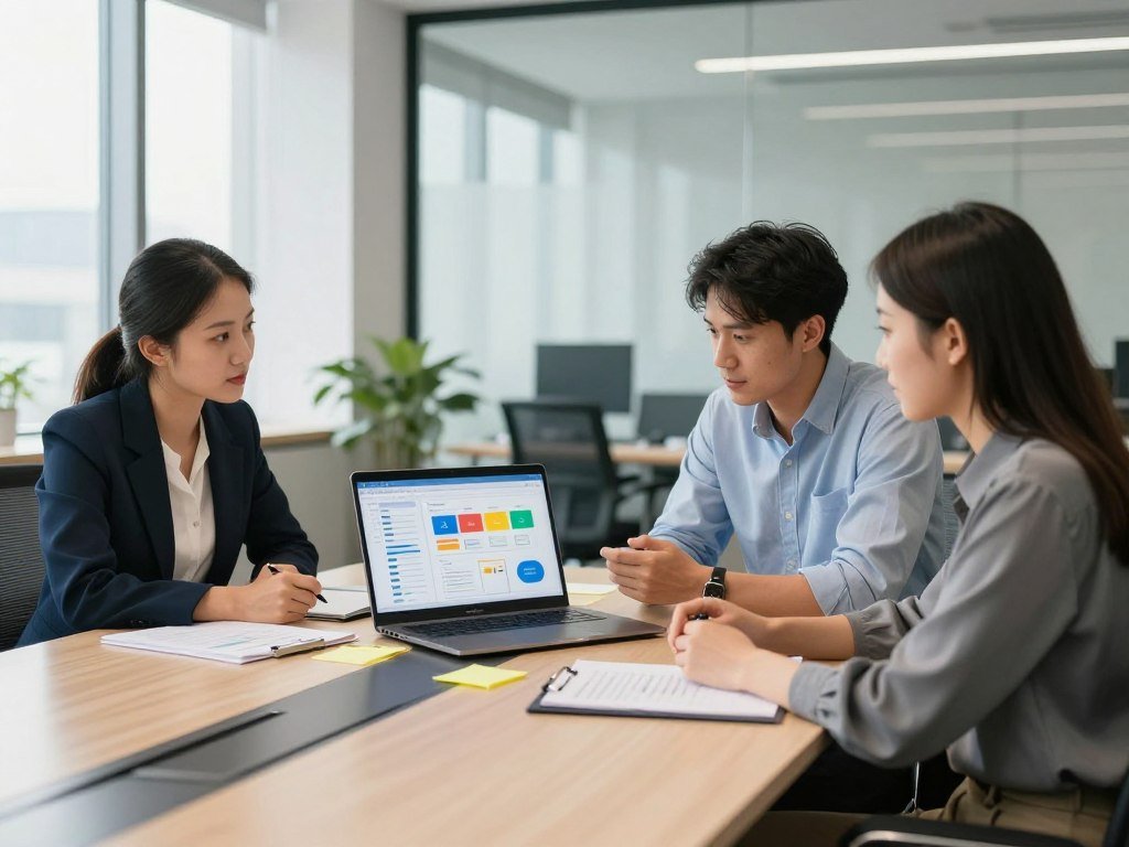 Small marketing team reviewing a workflow builder and campaign plan Small marketing team reviewing a workflow builder and campaign plan