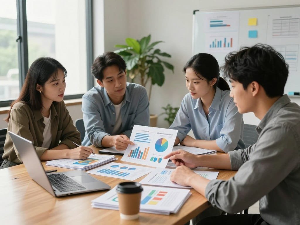 Small team reviewing customer service and sales process reports