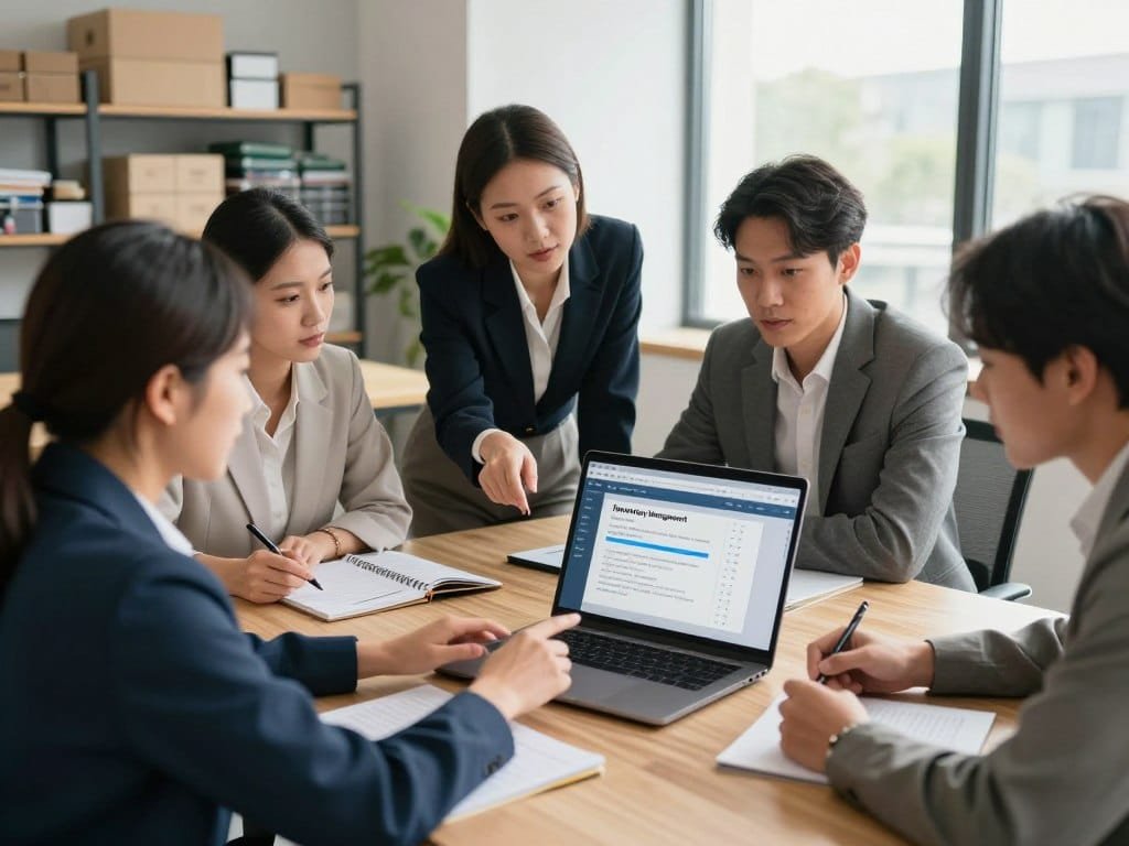 Small team reviewing free inventory management software limits together