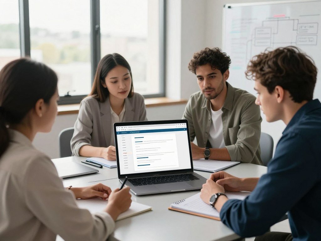 Small team reviewing newsletter software templates together Small team reviewing newsletter software templates together