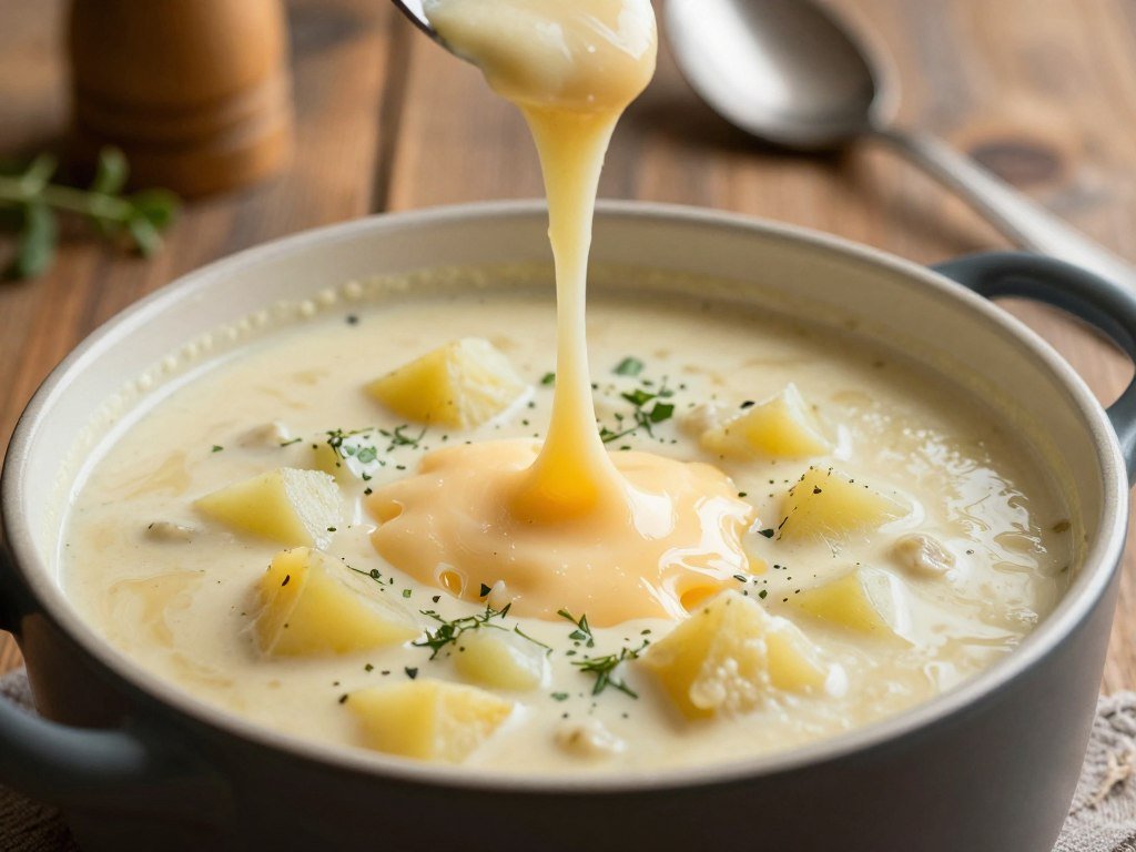 Smoked Gouda melting into a pot of creamy potato soup Smoked Gouda melting into a pot of creamy potato soup