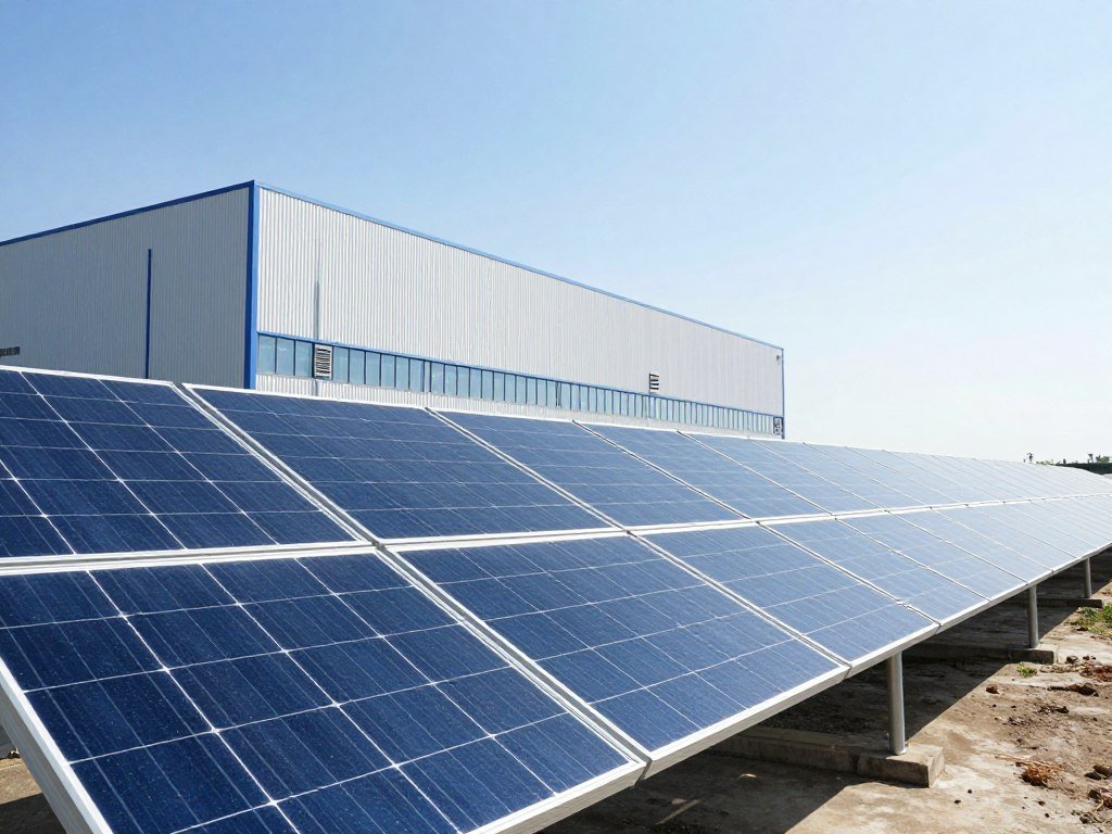 Solar panels angled toward sunlight beside a power station