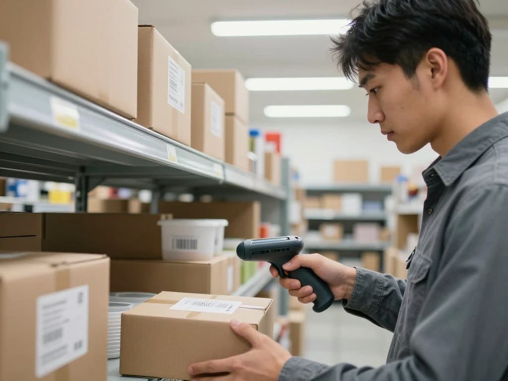 Staff member scanning a box during inventory tracking at a stockroom