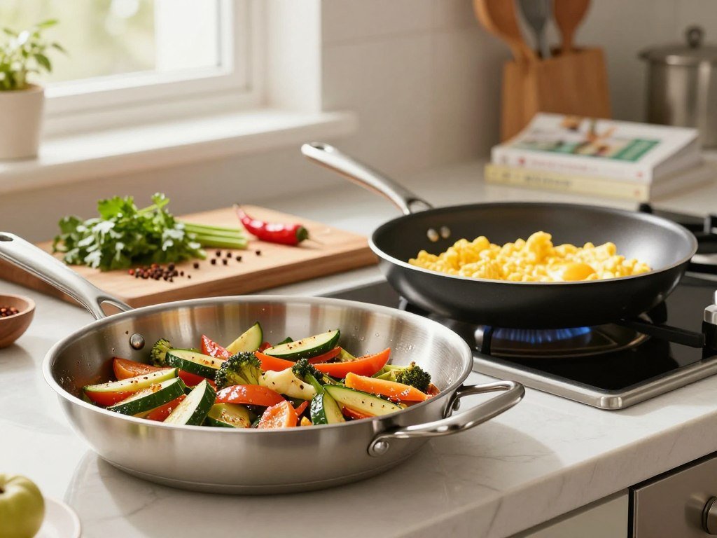Stainless steel and nonstick pans beside cooked food Stainless steel and nonstick pans beside cooked food
