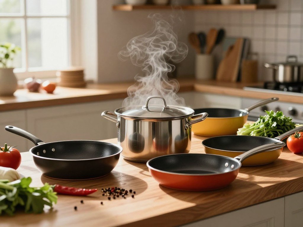 Stockpot and frying pans ready for family cooking Stockpot and frying pans ready for family cooking