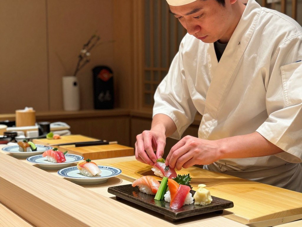 Sushi chef preparing an omakase meal at a Denver counter
