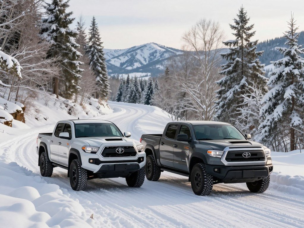 Tacoma and Tundra parked near a snowy towing route