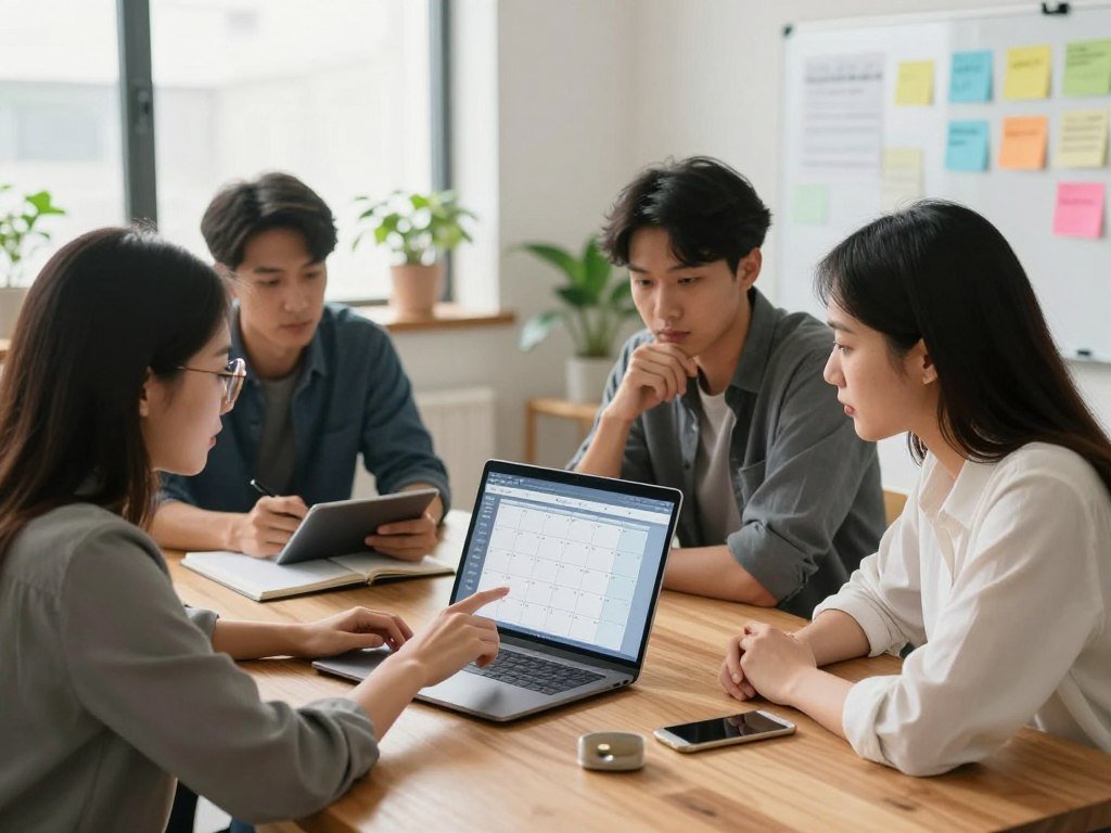 Team reviewing a shared content calendar before publishing Team reviewing a shared content calendar before publishing