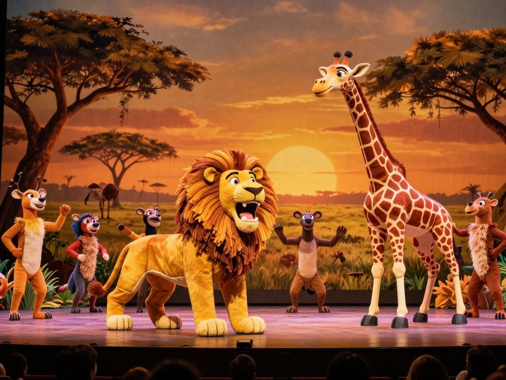 The Lion King's life-size puppets fill a musical stage