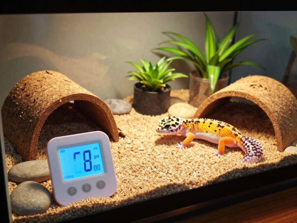 Thermostat and hides arranged in a leopard gecko enclosure